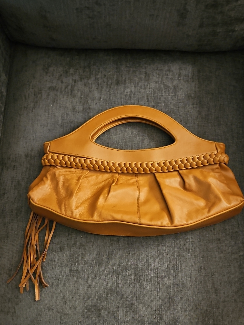 Vtg NEWPORT NEWS 1994 Light Brown Braided Fringe Leather Clutch Bag - Picture 4 of 9